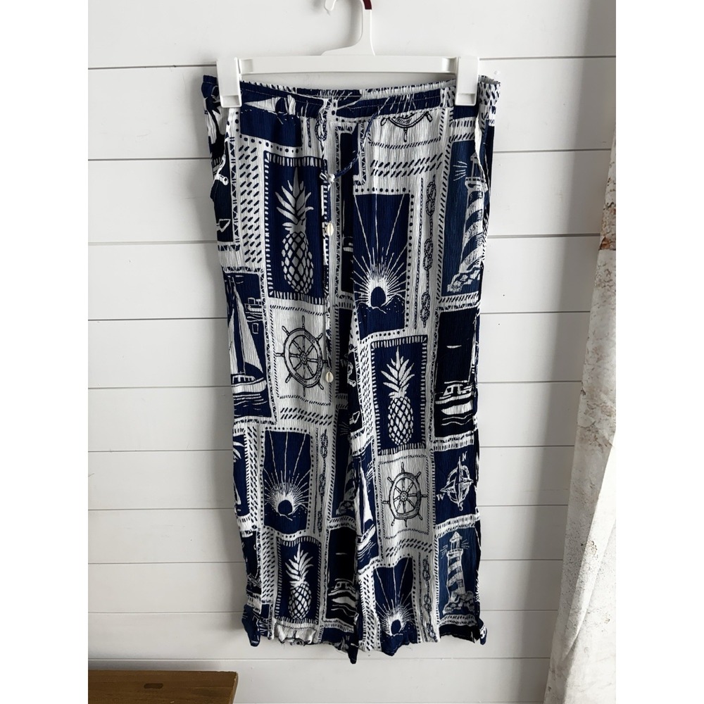 Calypso St. Barth Linen Blend Beach Pant XL Blue White‎ Beach Resort Cruise